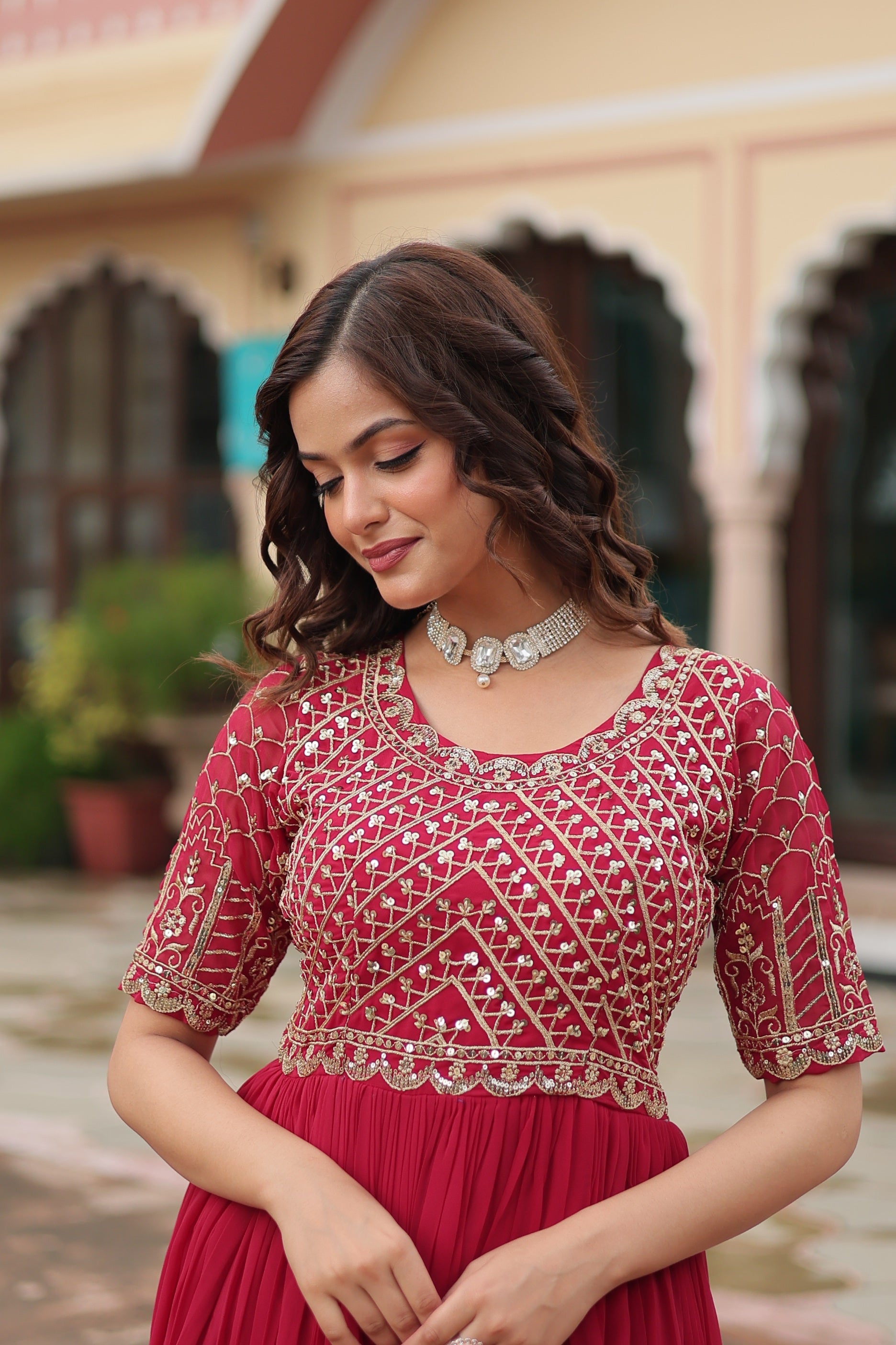 Sonakshi Women's Pink Faux Blooming Sequins Zari Embroidered Long Anarkali Dress - Distacart