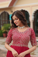 Thumbnail for Sonakshi Women's Pink Faux Blooming Sequins Zari Embroidered Long Anarkali Dress - Distacart