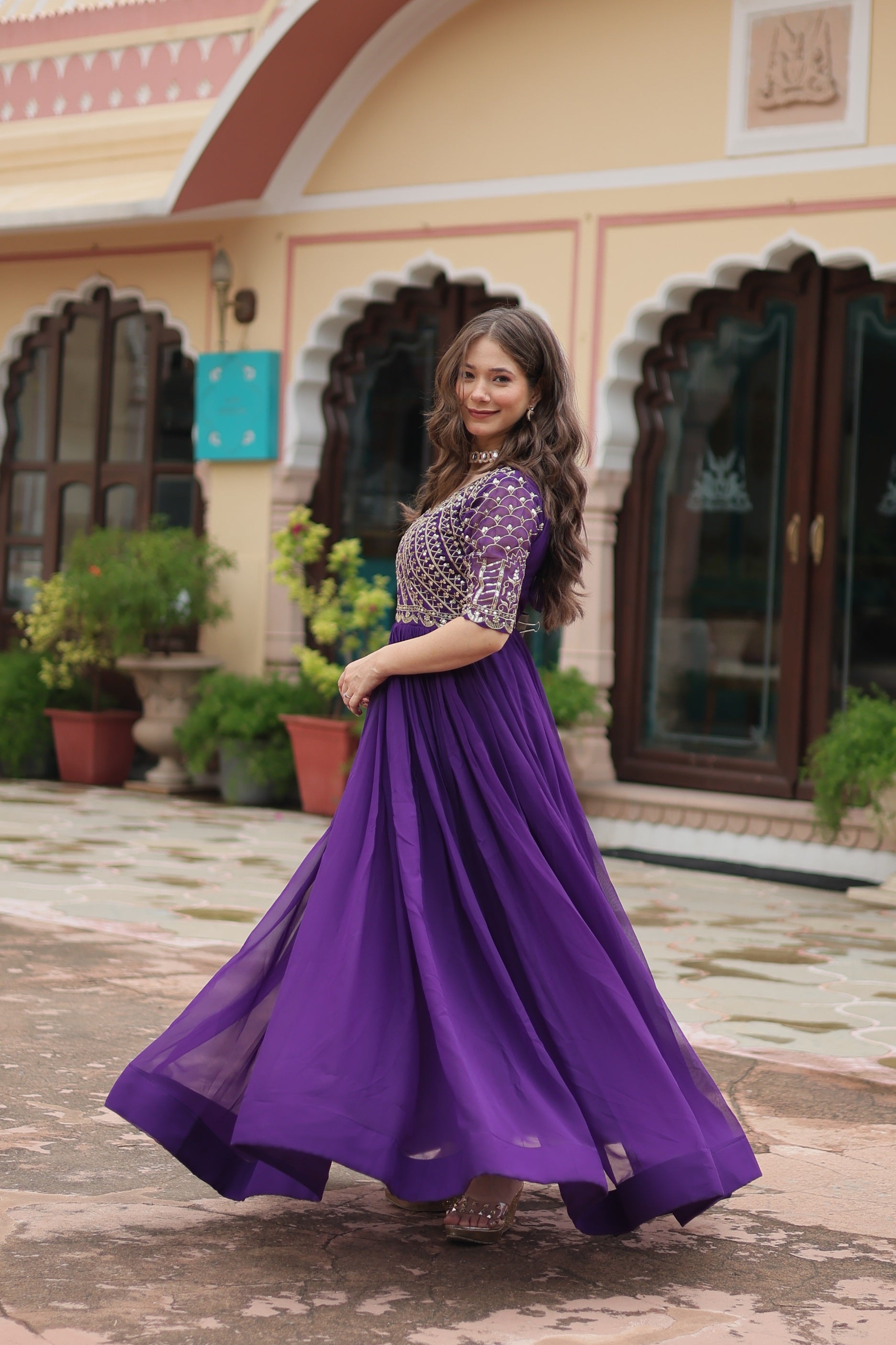Sonakshi Women's Purple Faux Blooming Sequins Zari Embroidered Long Anarkali Dress - Distacart