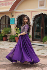 Thumbnail for Sonakshi Women's Purple Faux Blooming Sequins Zari Embroidered Long Anarkali Dress - Distacart