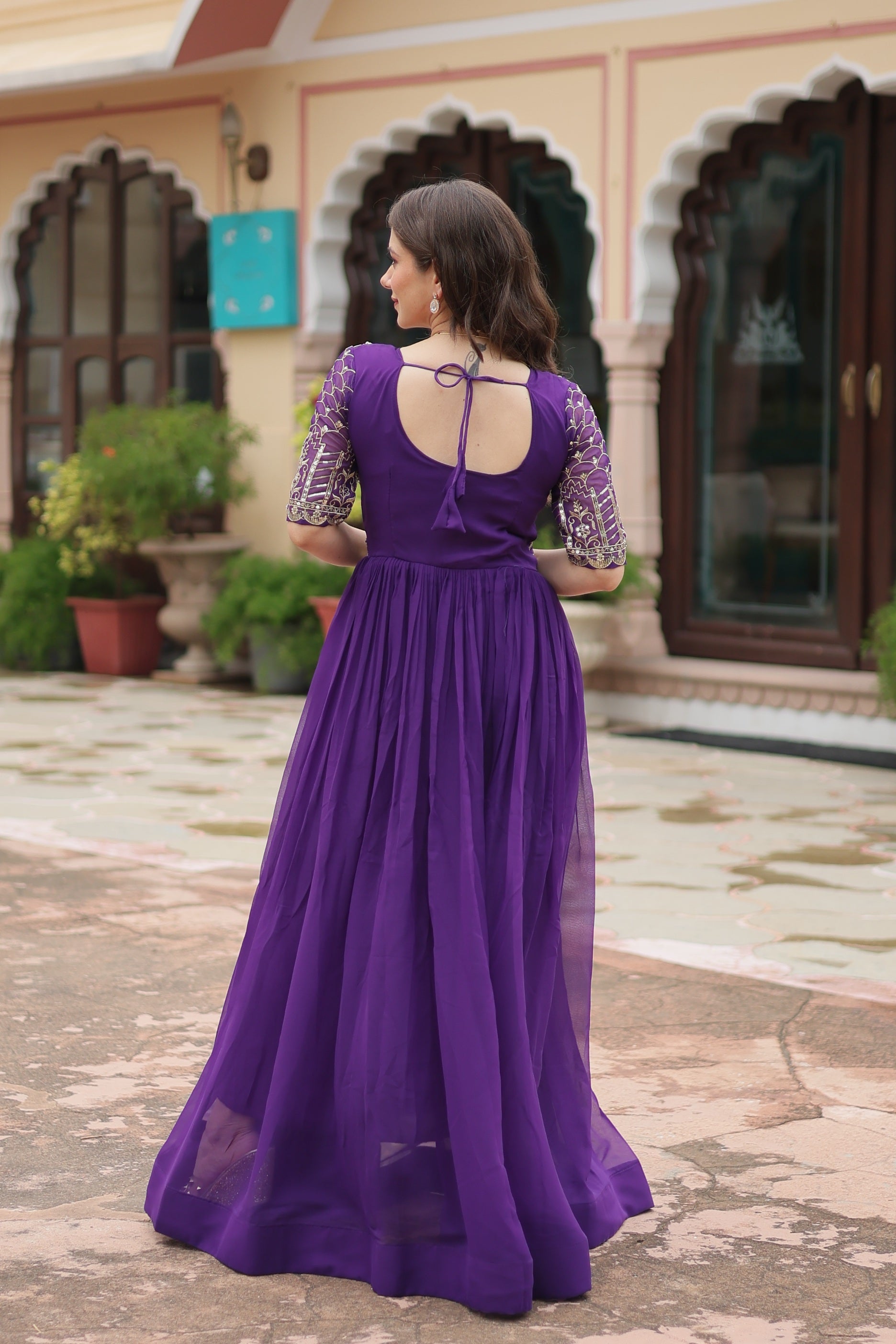 Sonakshi Women's Purple Faux Blooming Sequins Zari Embroidered Long Anarkali Dress - Distacart