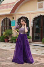 Thumbnail for Sonakshi Women's Purple Faux Blooming Sequins Zari Embroidered Long Anarkali Dress - Distacart