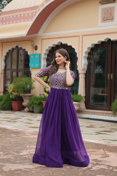 Sonakshi Women's Purple Faux Blooming Sequins Zari Embroidered Long Anarkali Dress - Distacart
