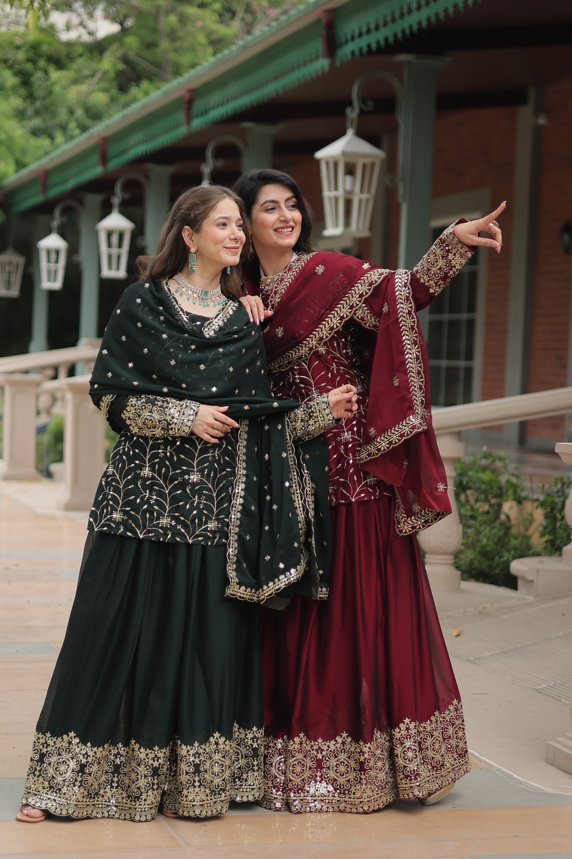 Sonakshi Women's Bottle Green & Maroon Rangoli Silk Sequins Thread Embroidered Combo Sharara Sets - Distacart