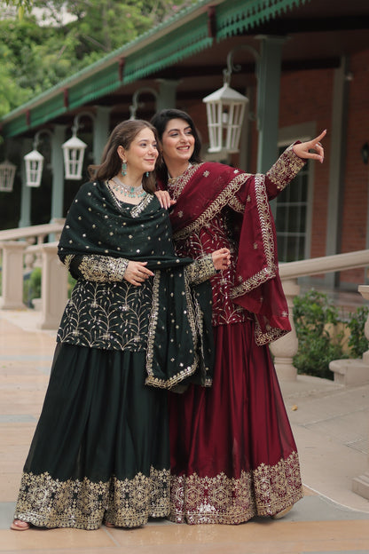 Sonakshi Women's Bottle Green & Maroon Rangoli Silk Sequins Thread Embroidered Combo Sharara Sets - Distacart