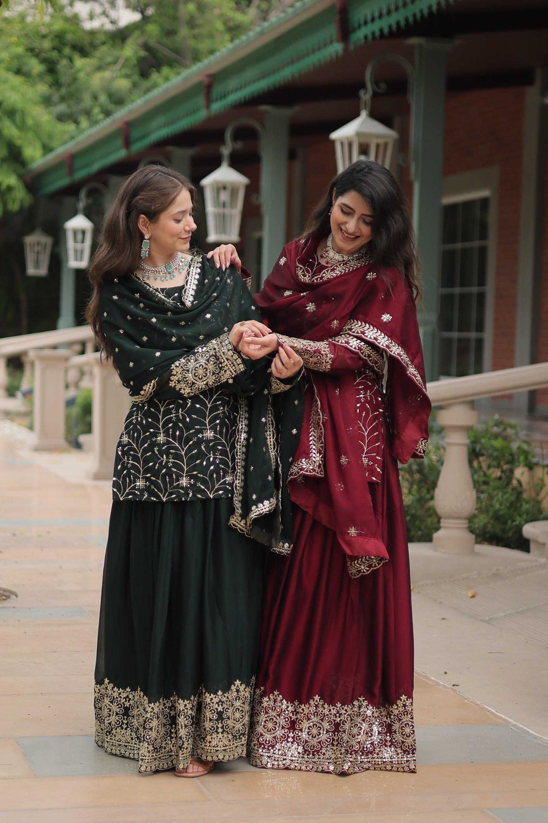 Sonakshi Women's Bottle Green & Maroon Rangoli Silk Sequins Thread Embroidered Combo Sharara Sets - Distacart