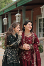 Thumbnail for Sonakshi Women's Bottle Green & Maroon Rangoli Silk Sequins Thread Embroidered Combo Sharara Sets - Distacart