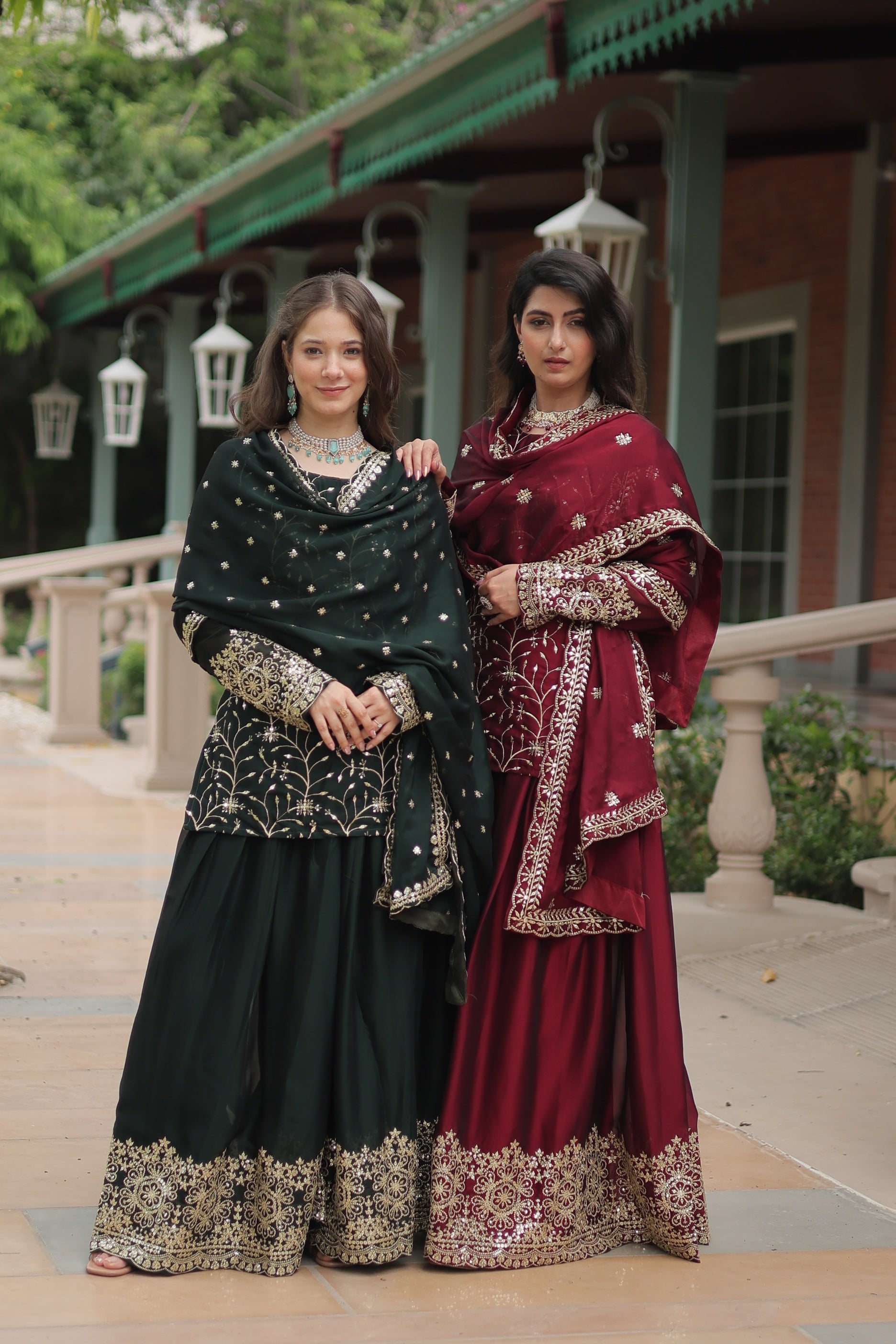 Sonakshi Women's Bottle Green & Maroon Rangoli Silk Sequins Thread Embroidered Combo Sharara Sets - Distacart