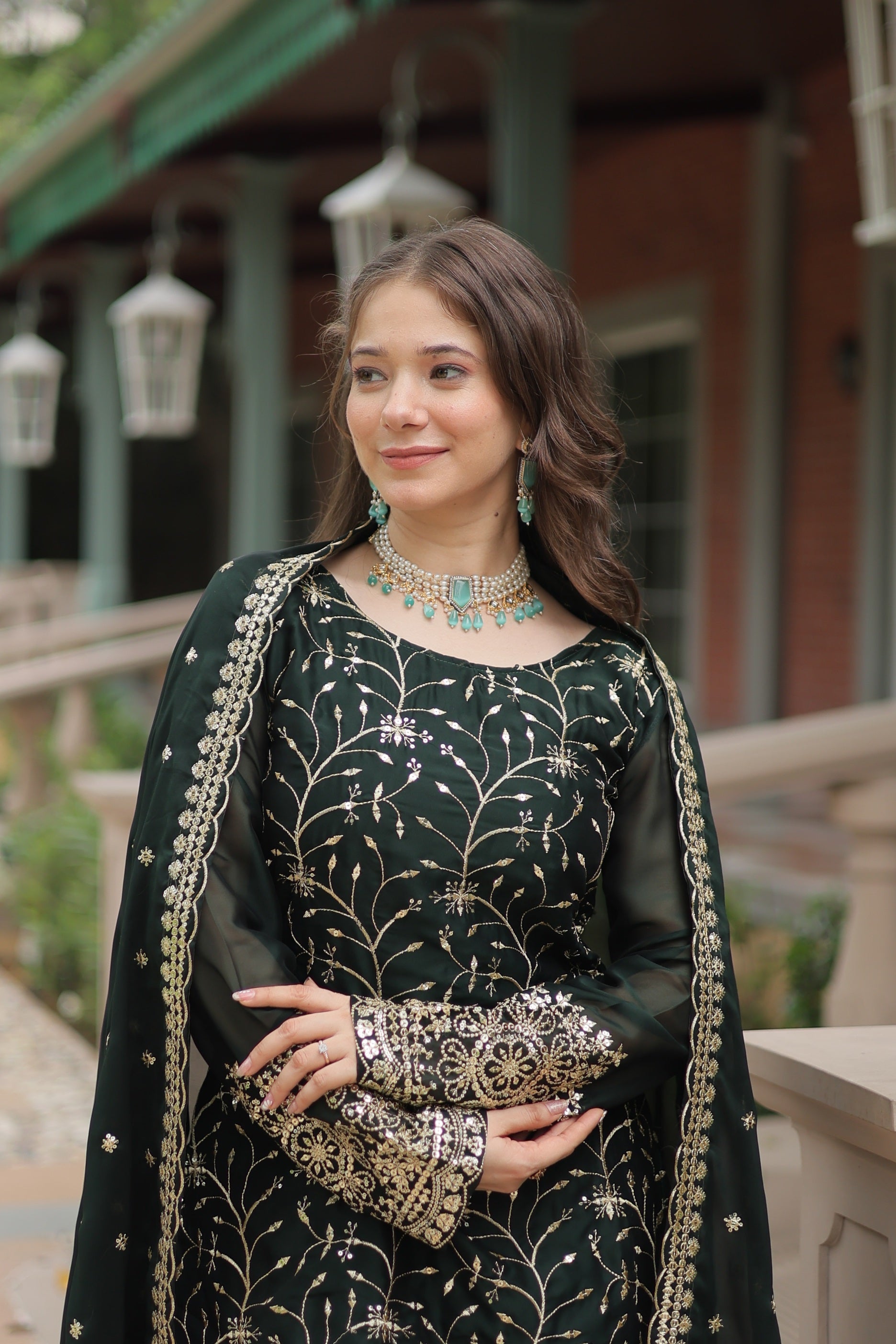 Sonakshi Women's Bottle Green Rangoli Silk Sequins Thread Embroidered Sharara Sets - Distacart