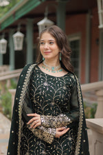 Thumbnail for Sonakshi Women's Bottle Green Rangoli Silk Sequins Thread Embroidered Sharara Sets - Distacart