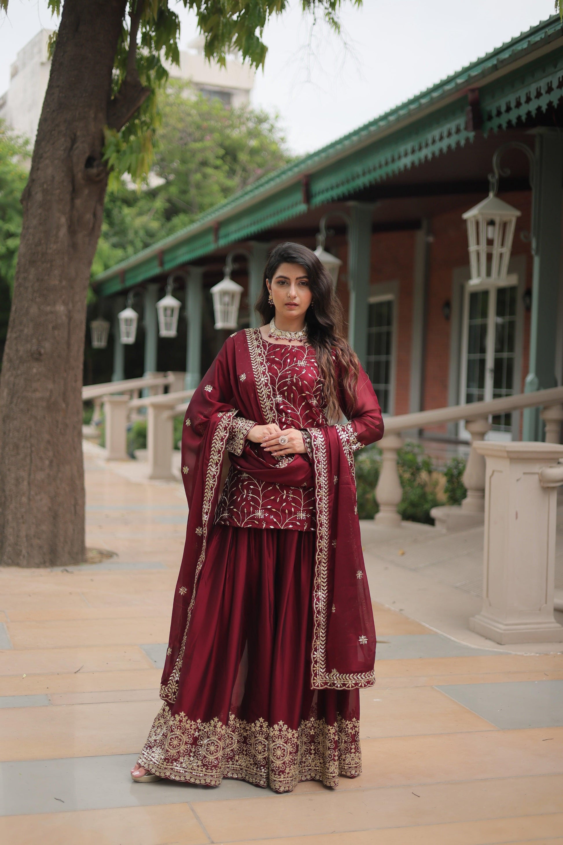 Sonakshi Women's Maroon Rangoli Silk Sequins Thread Embroidered Sharara Sets - Distacart