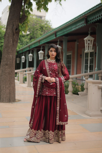Sonakshi Women's Maroon Rangoli Silk Sequins Thread Embroidered Sharara Sets - Distacart