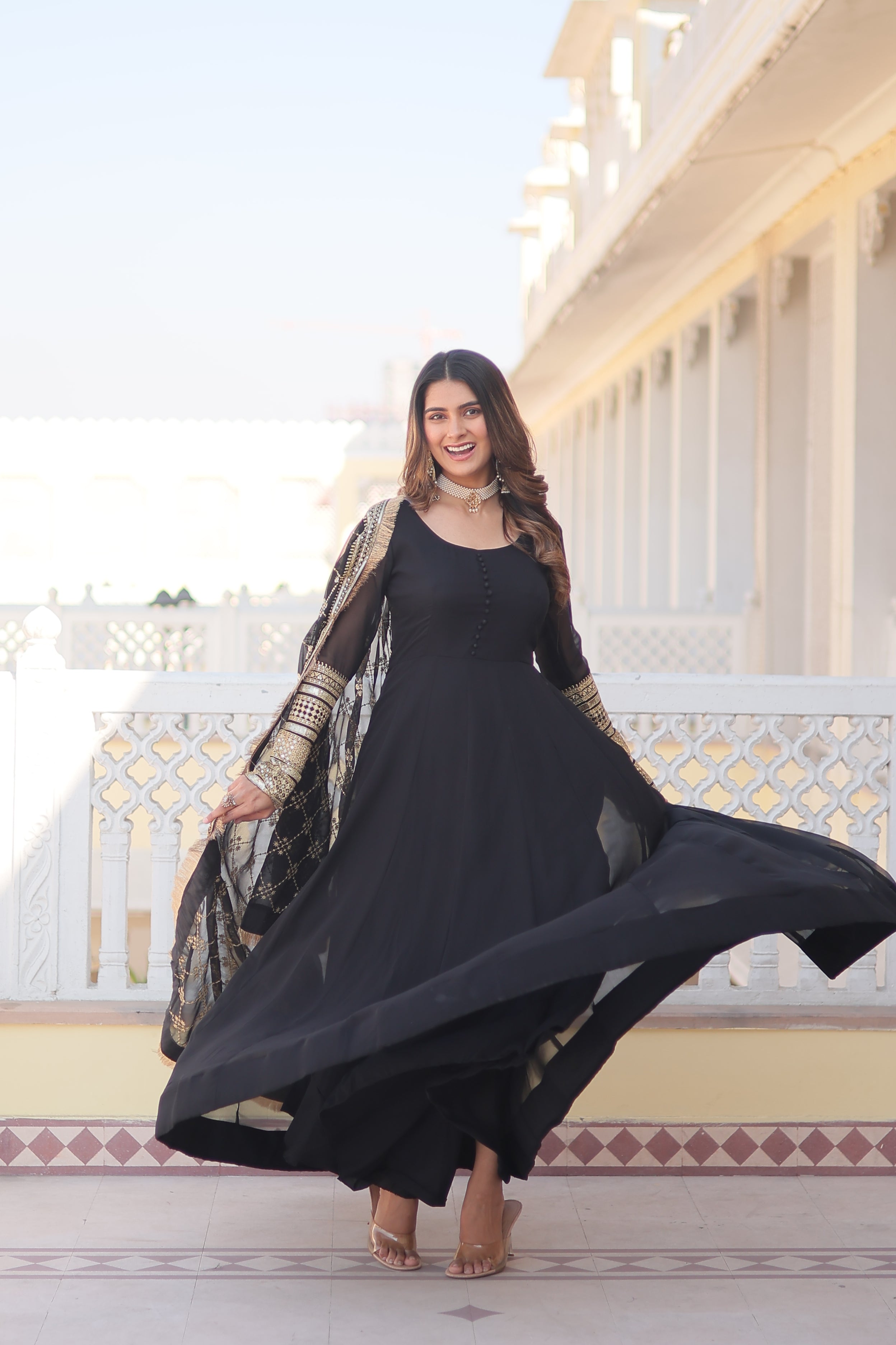 Sonakshi Women's Black Faux Blooming Sequins Embroidered Anarkali Dress with Dupatta - Distacart