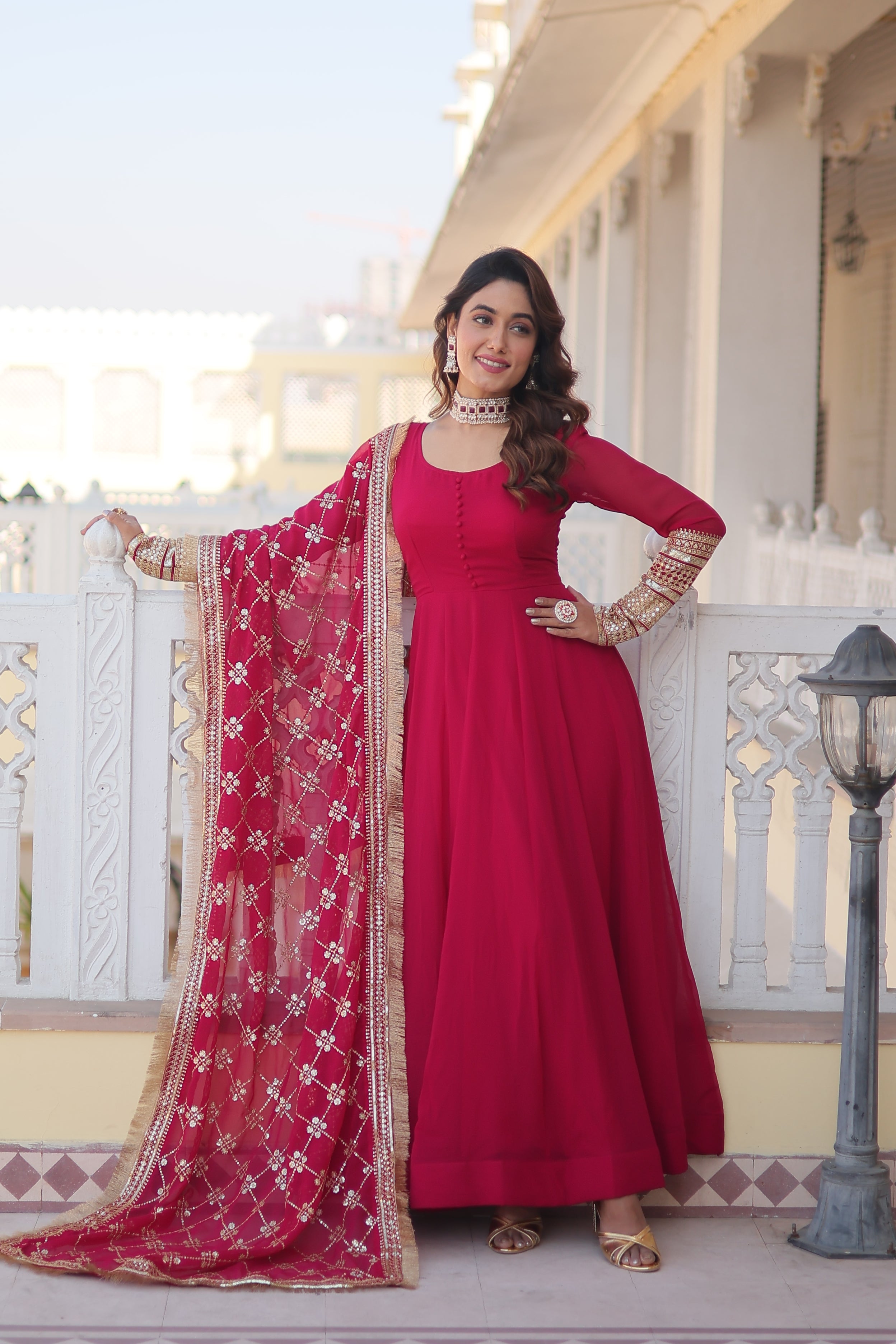 Sonakshi Women's Pink Faux Blooming Sequins Embroidered Anarkali Dress with Dupatta - Distacart