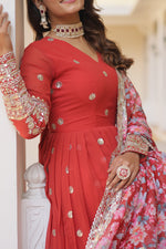 Thumbnail for Sonakshi Women's Orange Faux Georgette Sequins Zari Embroidered Anarkali Dress with Dupatta - Distacart