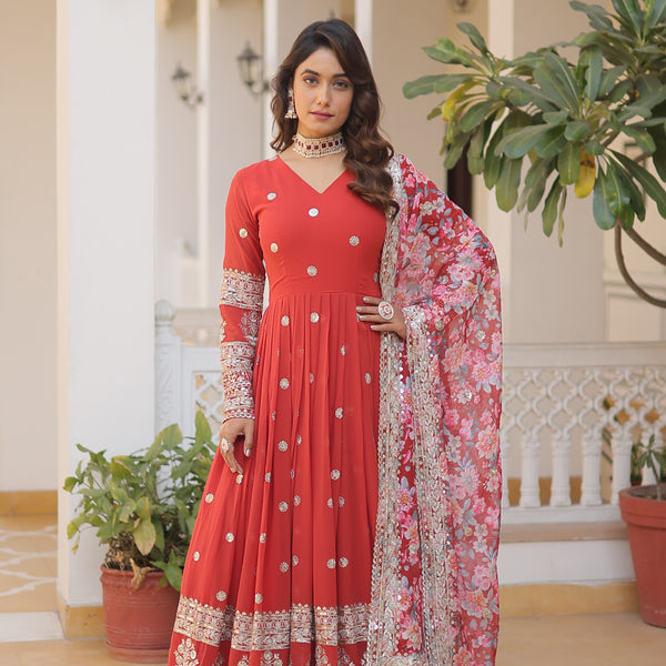 Sonakshi Women's Orange Faux Georgette Sequins Zari Embroidered Anarkali Dress with Dupatta - Distacart