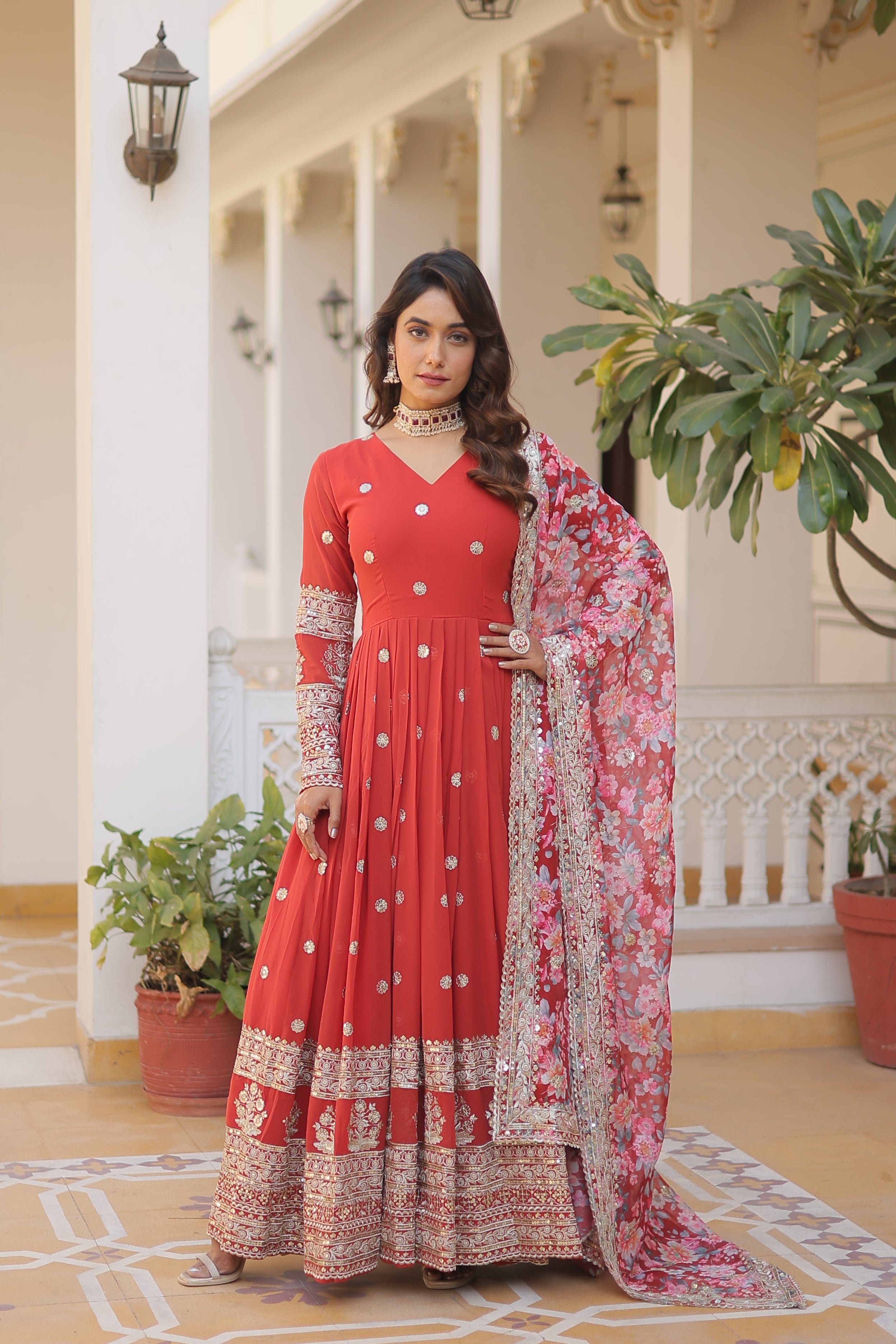 Sonakshi Women's Orange Faux Georgette Sequins Zari Embroidered Anarkali Dress with Dupatta - Distacart