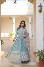 Thumbnail for Sonakshi Women's Sky Blue Faux Georgette Sequins Zari Embroidered Anarkali Dress with Dupatta - Distacart