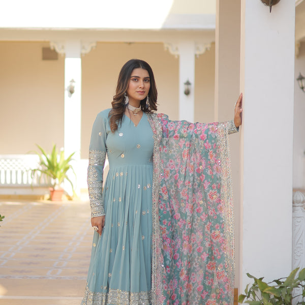 Sonakshi Women's Sky Blue Faux Georgette Sequins Zari Embroidered Anarkali Dress with Dupatta - Distacart