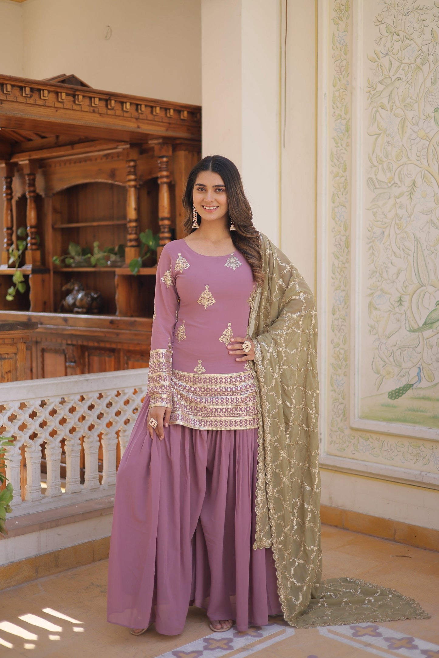 Sonakshi Women's Onion Faux Georgette Sequins Thread Embroidered Sharara Sets - Distacart