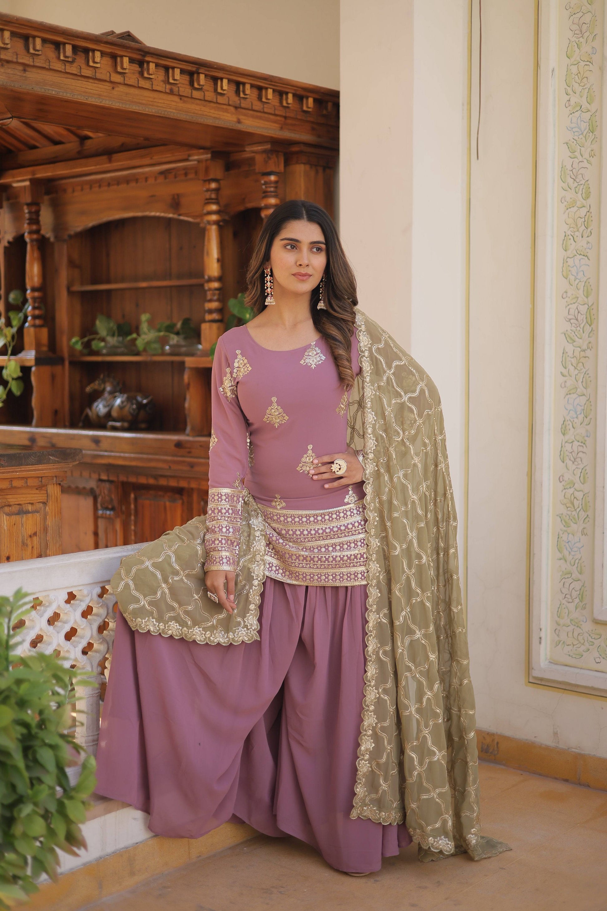 Sonakshi Women's Onion Faux Georgette Sequins Thread Embroidered Sharara Sets - Distacart
