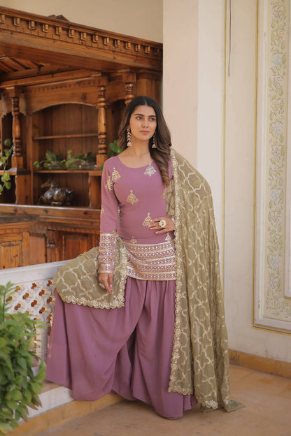 Sonakshi Women's Onion Faux Georgette Sequins Thread Embroidered Sharara Sets - Distacart