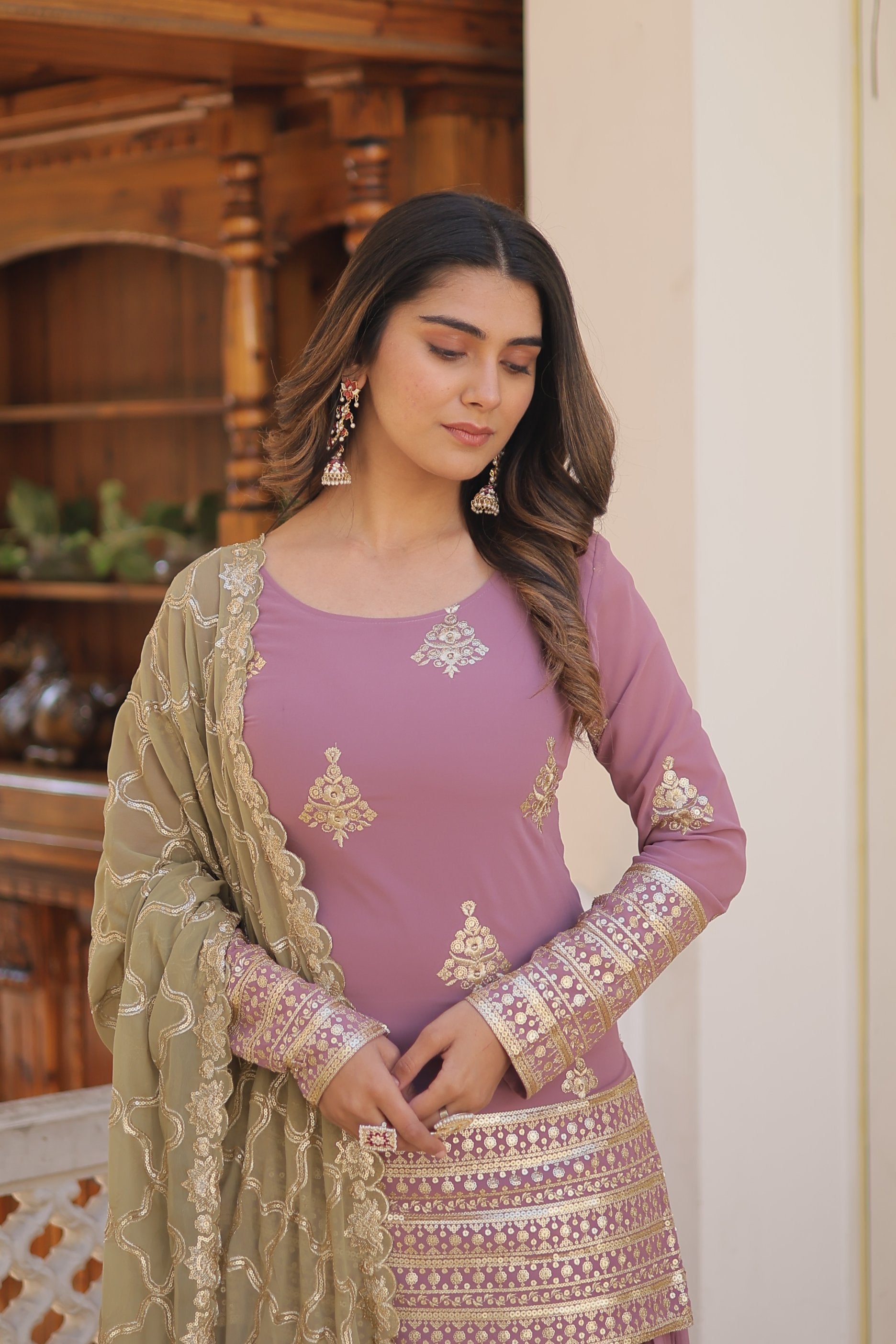 Sonakshi Women's Onion Faux Georgette Sequins Thread Embroidered Sharara Sets - Distacart