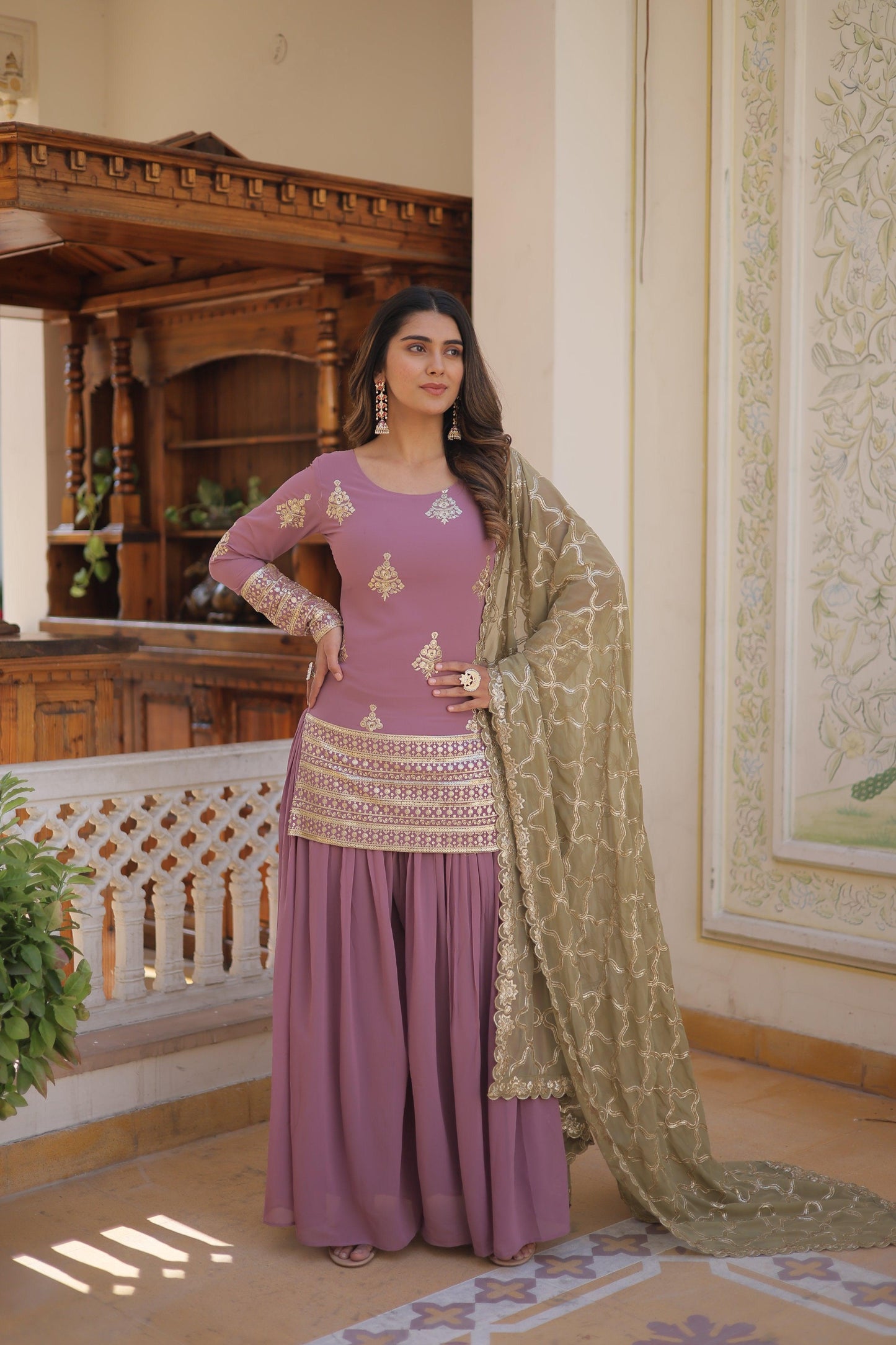 Sonakshi Women's Onion Faux Georgette Sequins Thread Embroidered Sharara Sets - Distacart