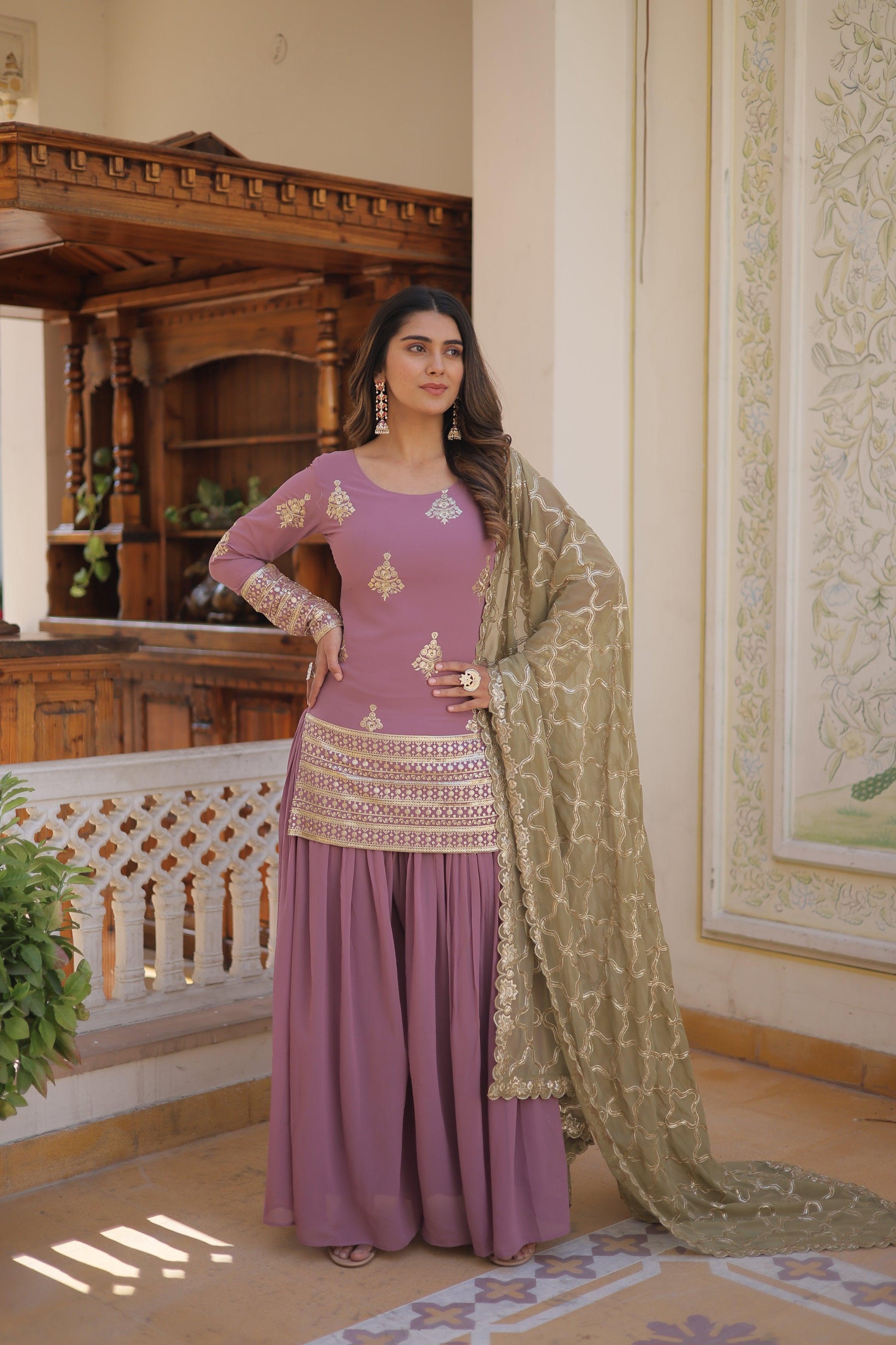 Sonakshi Women's Onion Faux Georgette Sequins Thread Embroidered Sharara Sets - Distacart