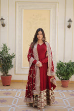 Thumbnail for Sonakshi Women's Maroon Faux Blooming Sequins Zari Embroidered Anarkali Dress with Dupatta - Distacart