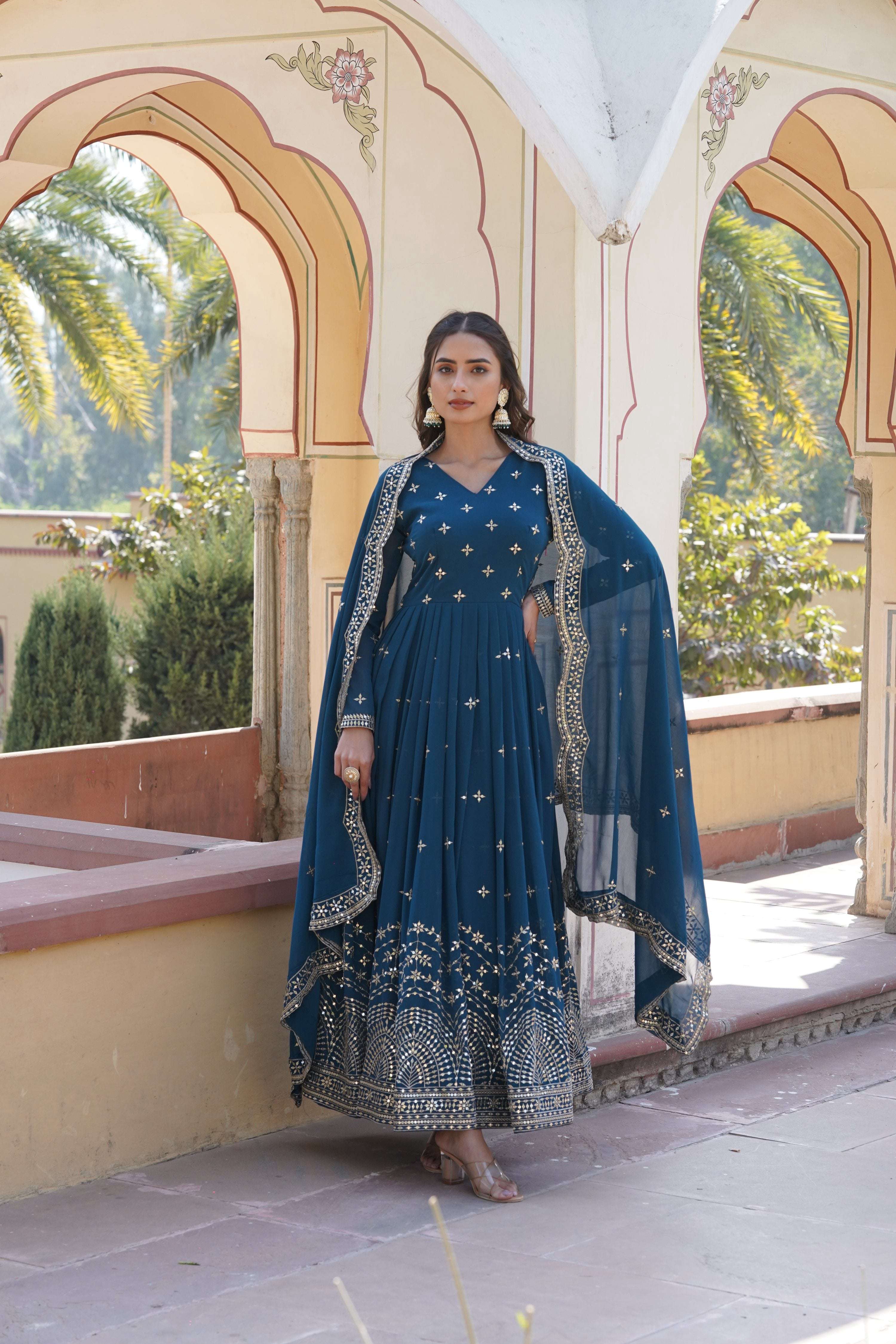 Sonakshi Women's Rama Faux Georgette Sequins Zari Embroidered Anarkali Dress with Dupatta - Distacart
