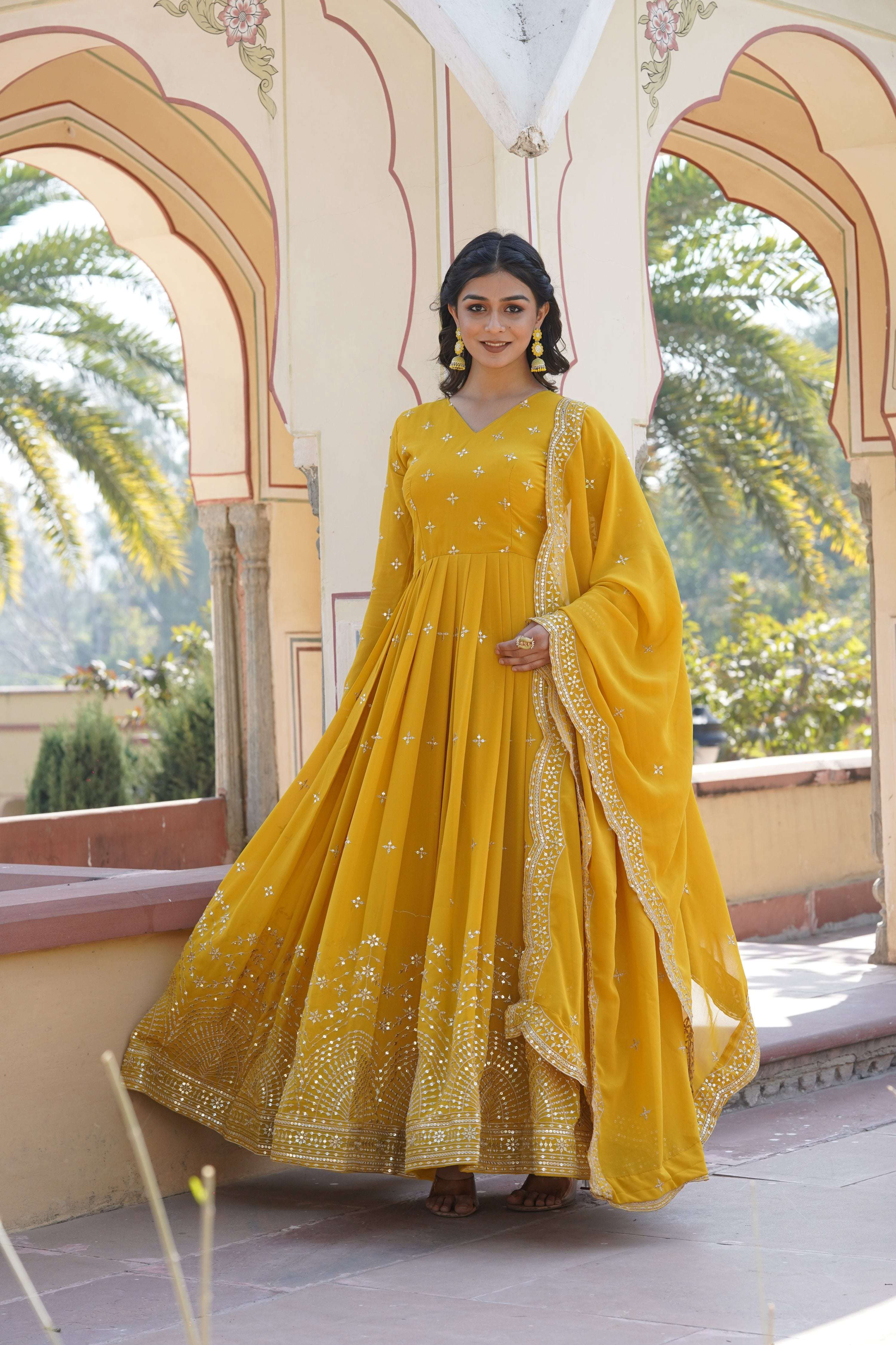 Sonakshi Women's Yellow Faux Georgette Sequins Zari Embroidered Anarkali Dress with Dupatta - Distacart