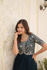 Thumbnail for Sonakshi Women's Rama Faux Blooming Sequins Zari Embroidered Long Anarkali Dress - Distacart