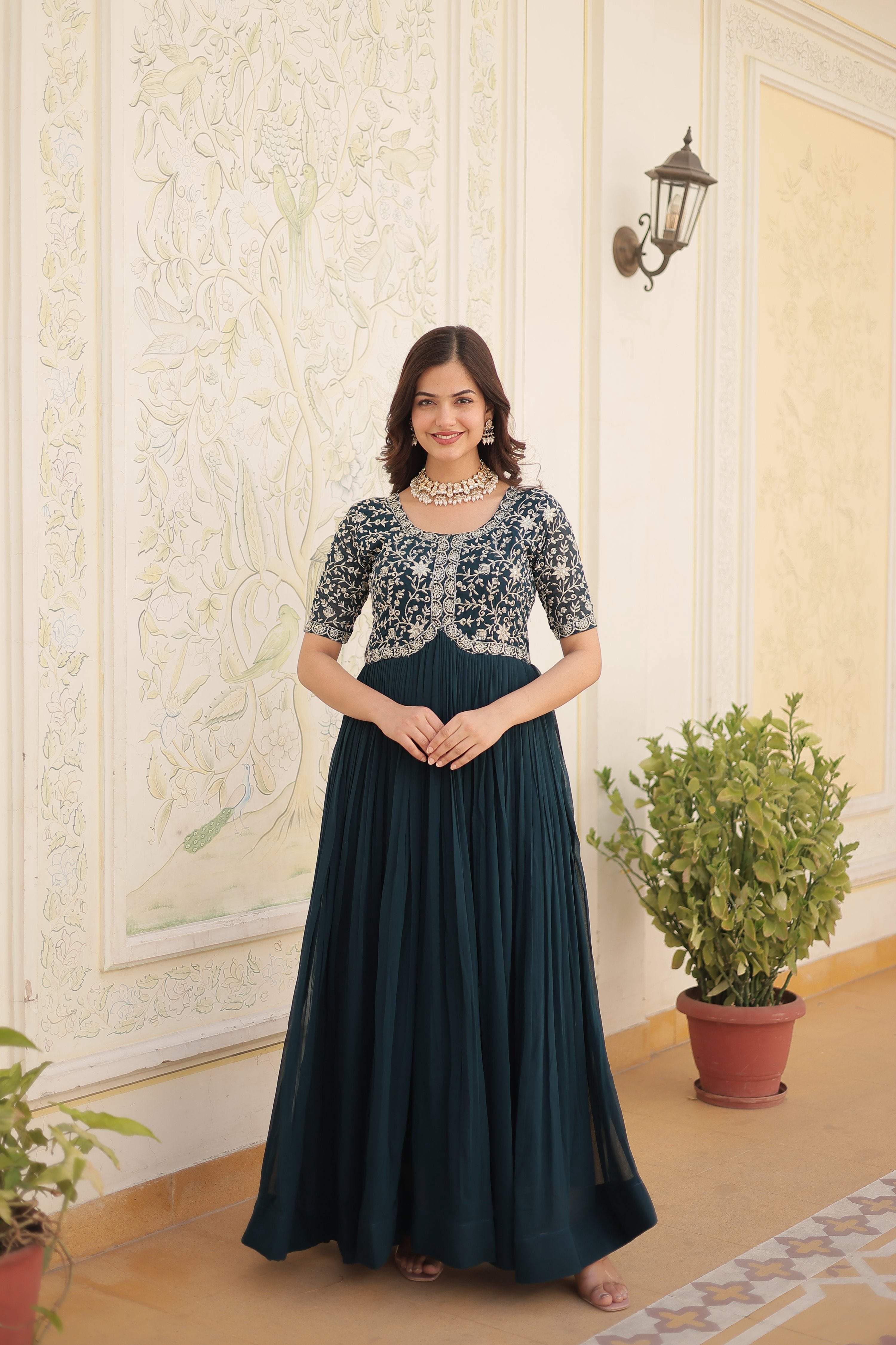 Sonakshi Women's Rama Faux Blooming Sequins Zari Embroidered Long Anarkali Dress - Distacart