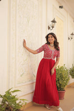 Thumbnail for Sonakshi Women's Red Faux Blooming Sequins Zari Embroidered Long Anarkali Dress - Distacart