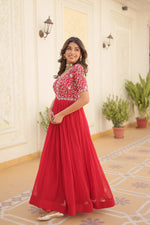 Thumbnail for Sonakshi Women's Red Faux Blooming Sequins Zari Embroidered Long Anarkali Dress - Distacart