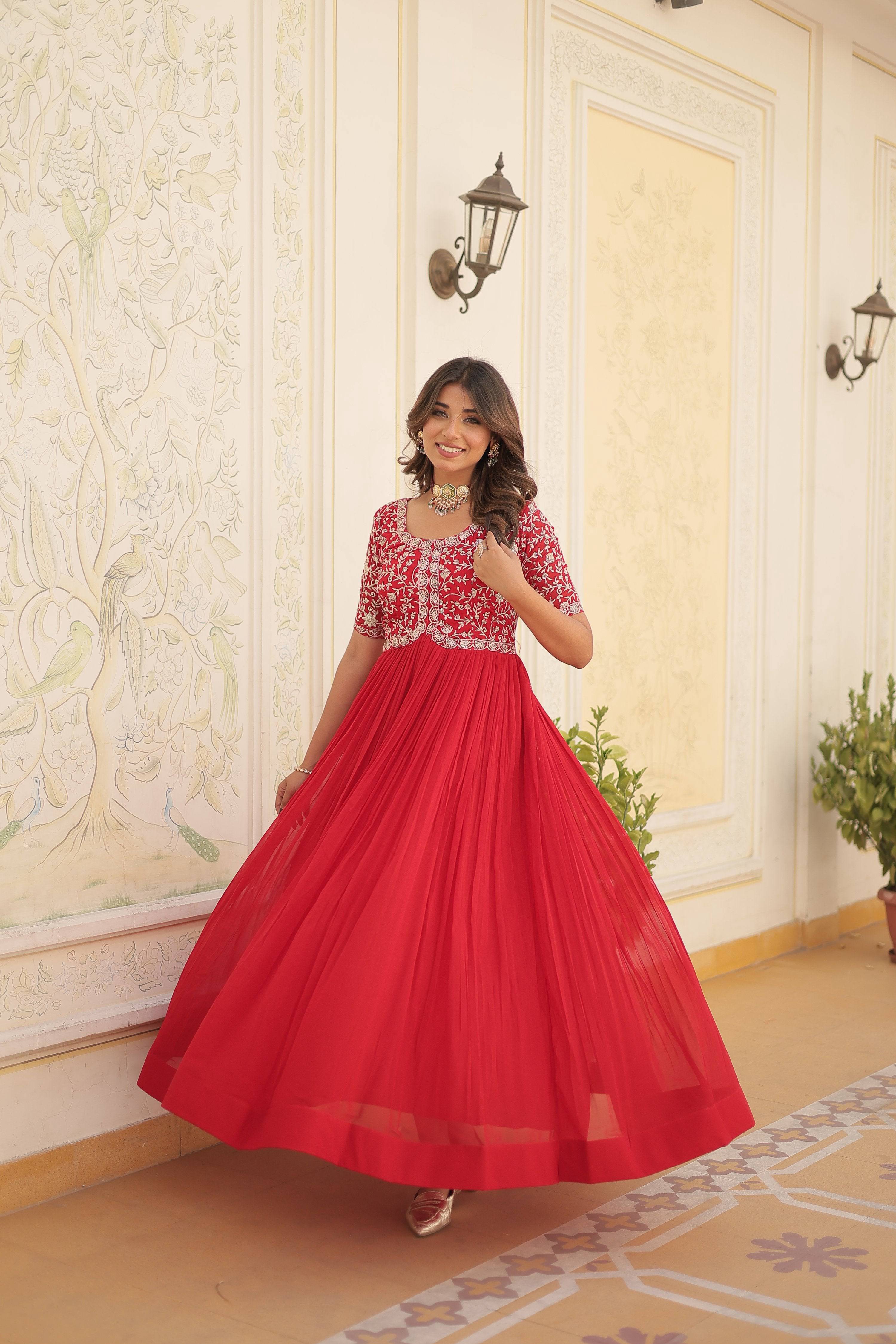 Sonakshi Women's Red Faux Blooming Sequins Zari Embroidered Long Anarkali Dress - Distacart