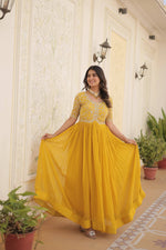 Thumbnail for Sonakshi Women's Yellow Faux Blooming Sequins Zari Embroidered Long Anarkali Dress - Distacart