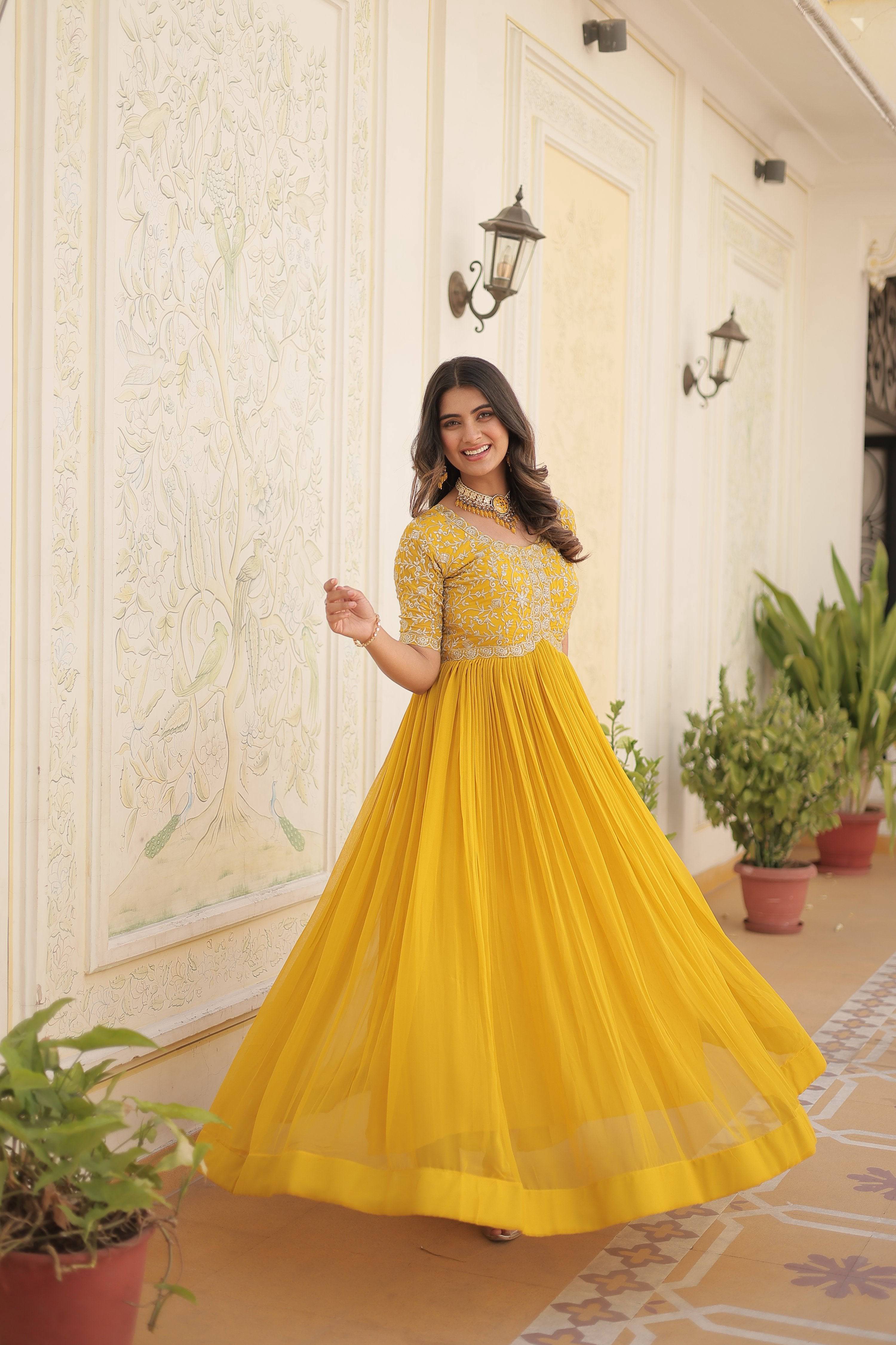 Sonakshi Women's Yellow Faux Blooming Sequins Zari Embroidered Long Anarkali Dress - Distacart