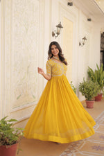 Thumbnail for Sonakshi Women's Yellow Faux Blooming Sequins Zari Embroidered Long Anarkali Dress - Distacart