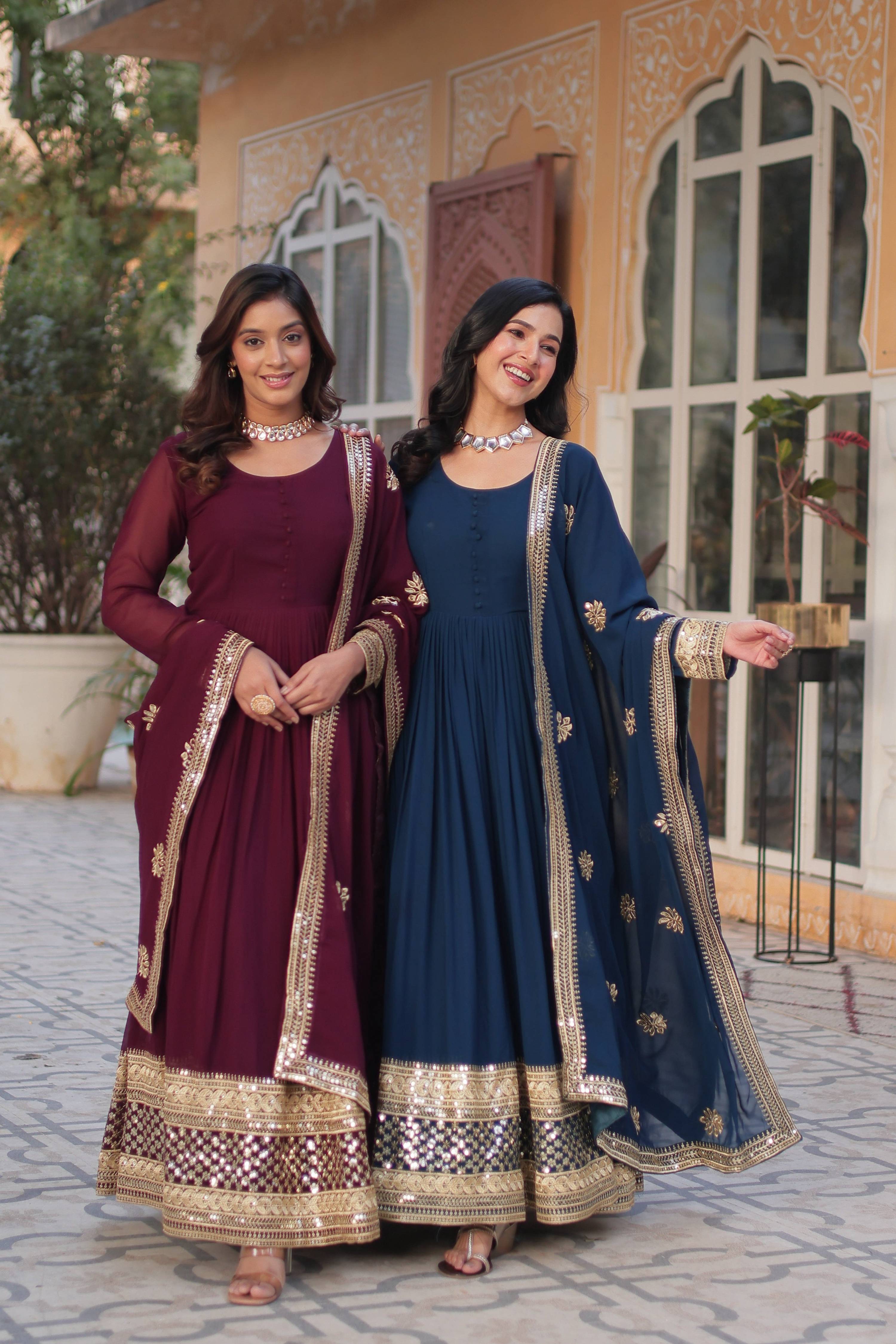 Sonakshi Women's Blue & Wine Faux Blooming Sequins Zari Embroidered Combo Anarkali Sets - Distacart