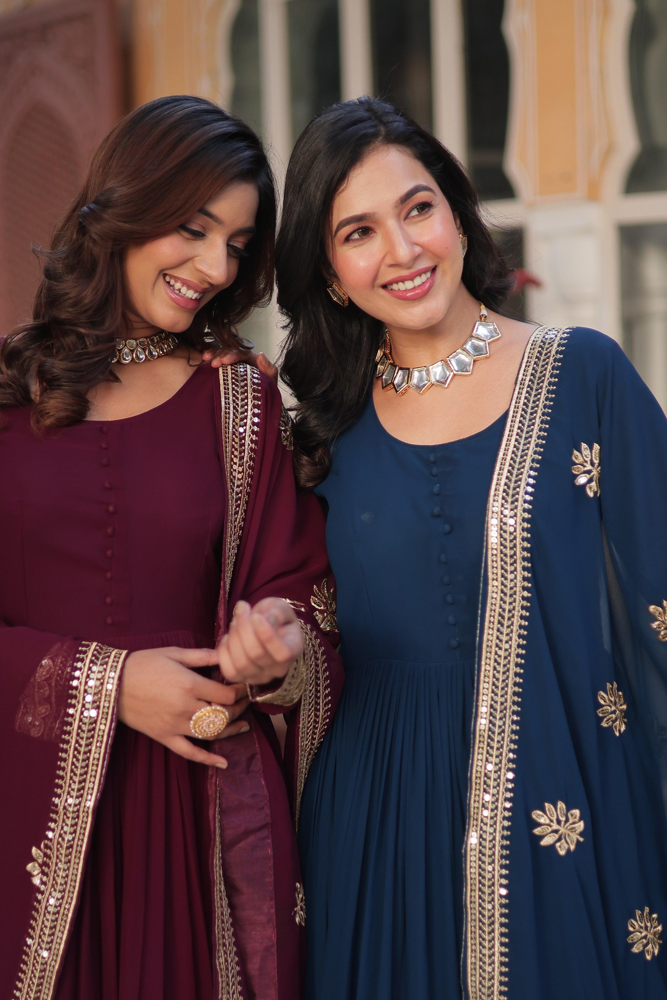 Sonakshi Women's Blue & Wine Faux Blooming Sequins Zari Embroidered Combo Anarkali Sets - Distacart