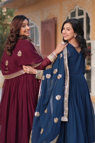 Jyoti Fashion Women's Blue & Wine Faux Blooming Sequins Zari Embroidered Combo Anarkali Sets - Distacart