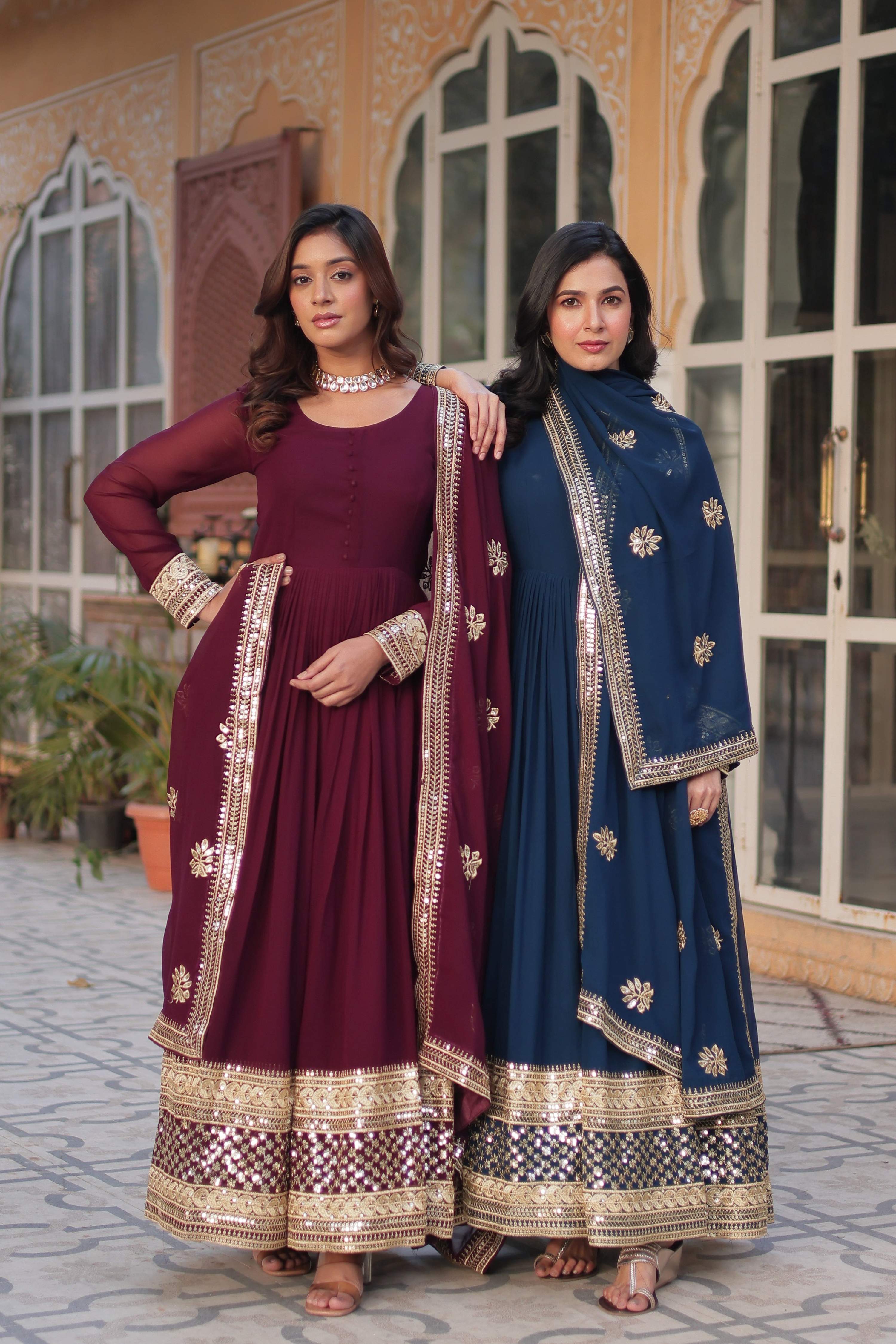 Sonakshi Women's Blue & Wine Faux Blooming Sequins Zari Embroidered Combo Anarkali Sets - Distacart