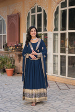 Thumbnail for Jyoti Fashion Women's Blue Faux Blooming Sequins Zari Embroidered Long Anarkali Sets - Distacart