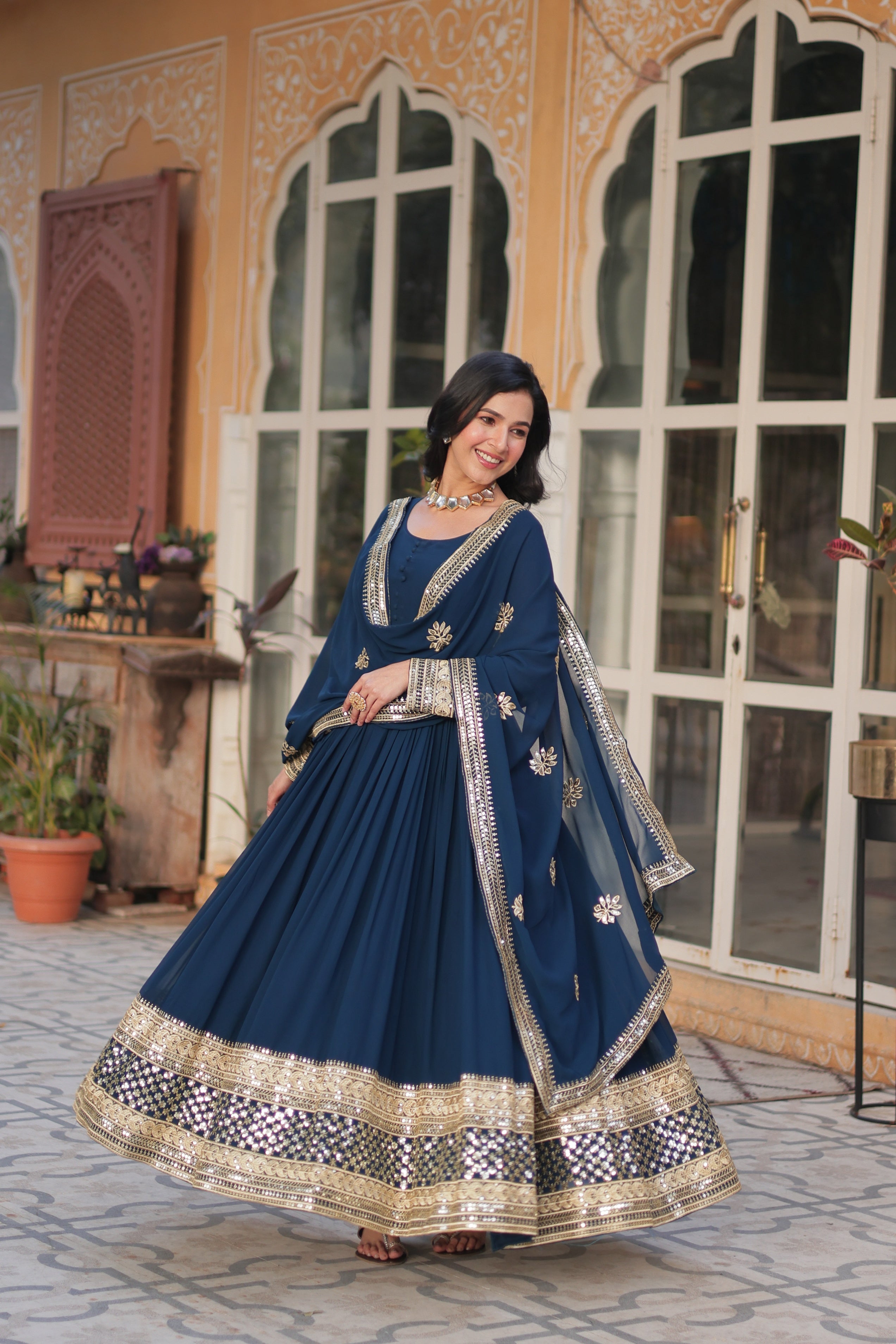 Jyoti Fashion Women's Blue Faux Blooming Sequins Zari Embroidered Long Anarkali Sets - Distacart