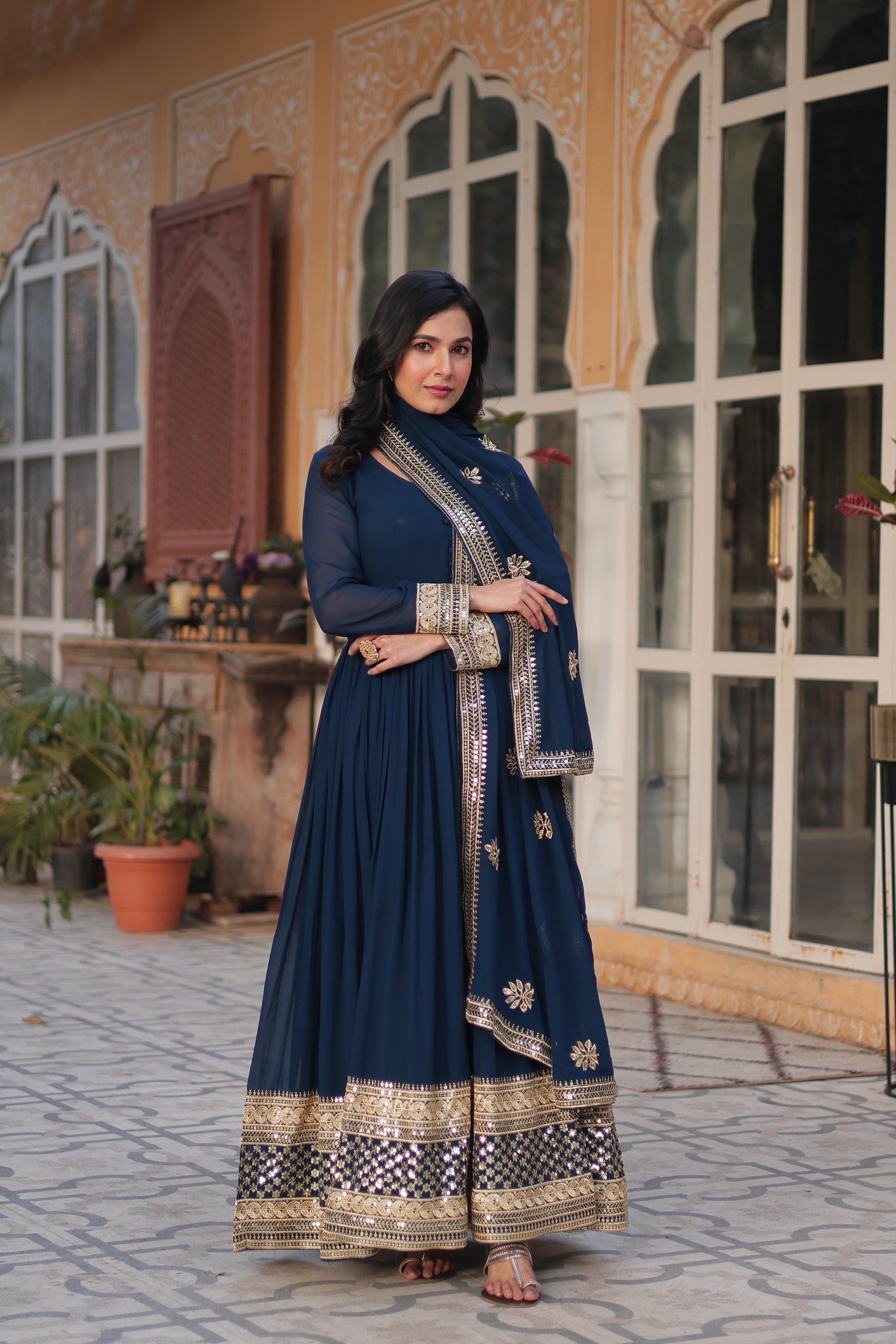 Sonakshi Women's Blue Faux Blooming Sequins Zari Embroidered Long Anarkali Sets - Distacart