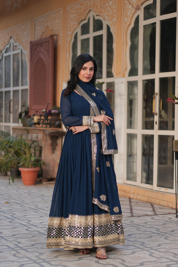 Jyoti Fashion Women's Blue Faux Blooming Sequins Zari Embroidered Long Anarkali Sets - Distacart