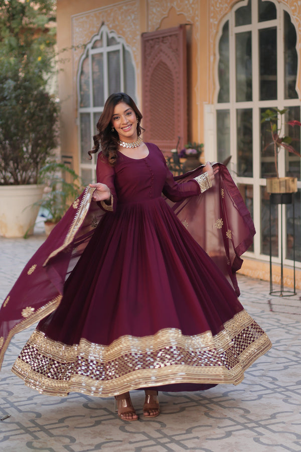 Jyoti Fashion Women's Wine Faux Blooming Sequins Zari Embroidered Long Anarkali Sets - Distacart