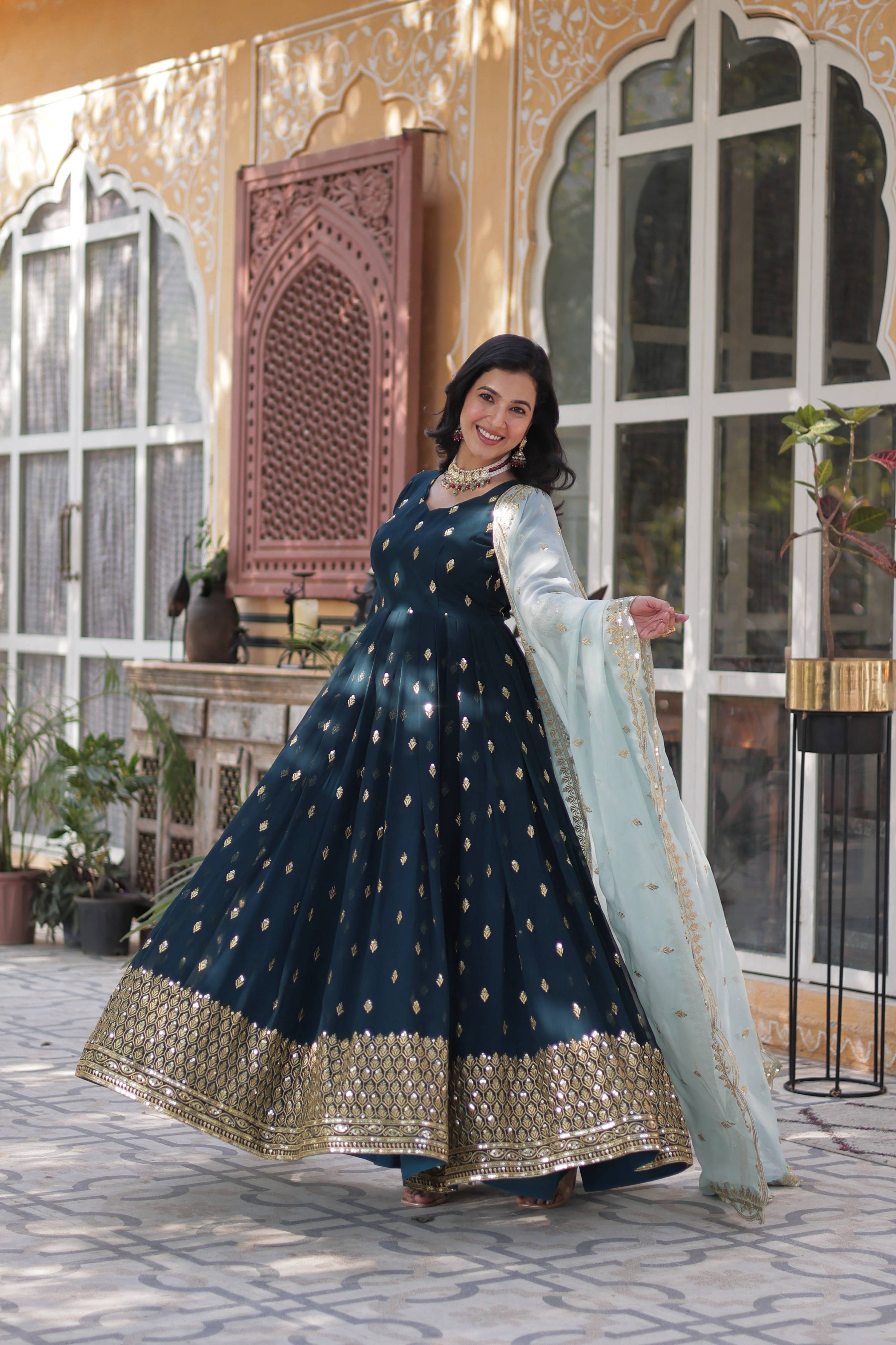 Jyoti Fashion Women's Bottle Green Faux Blooming Sequins Zari Embroidered Long Anarkali Sets - Distacart
